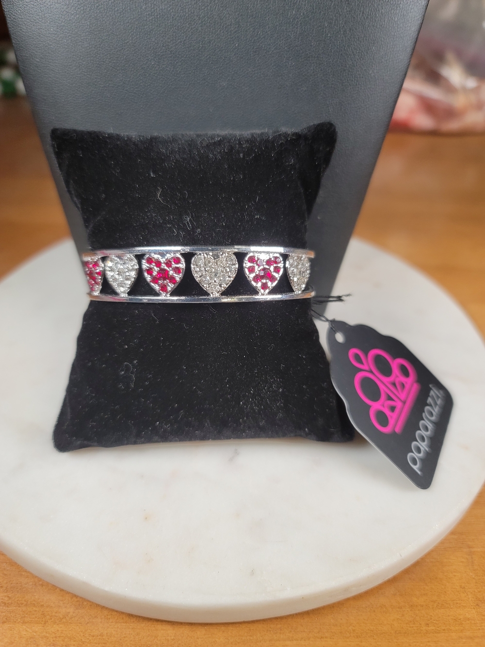 paparazzi Silver-Tone Heart Cuff Bracelet with Red and Clear Crystals